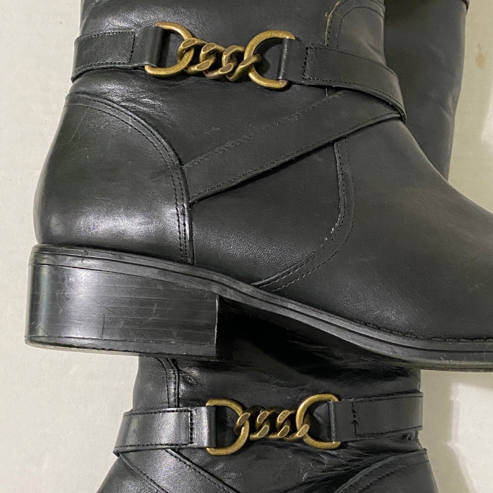 Lauren Ralph Lauren Menna Black Brown Tall Leather Riding Boots Chain Accent 11B - Picture 3 of 12
